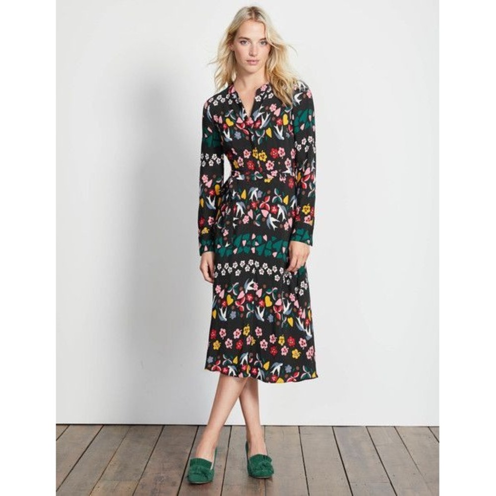 Boden Floral Folklore Print Long Sleeves Full Button Down Midi Shirt Dress US 2